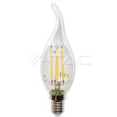 LED žárovka E14 svíčka se špičkou 4W filament teplá bílá stmívatelná